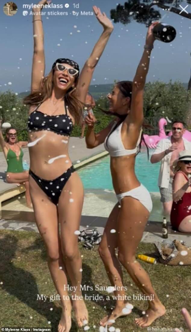 Myleene Klass revealed she has gifted her lookalike sister a white bikini on Instagram on Monday, 20 years after her iconic I'm A Celebrity...Get Me Out Of Here shower moment